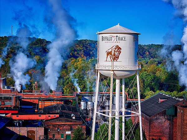 aerial drone photograph of buffalo trace distillery water tower. Branding photo for Buffalo Trace