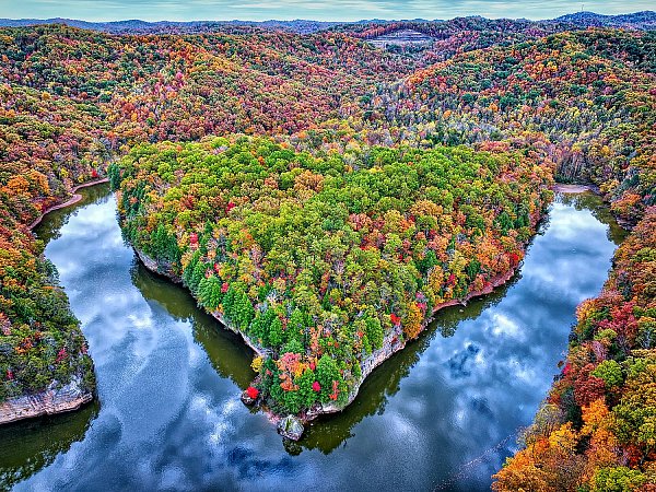 fine art aerial drone photo of Kentucky forest in the fall by a river. Colorful forest, and rolling hills.